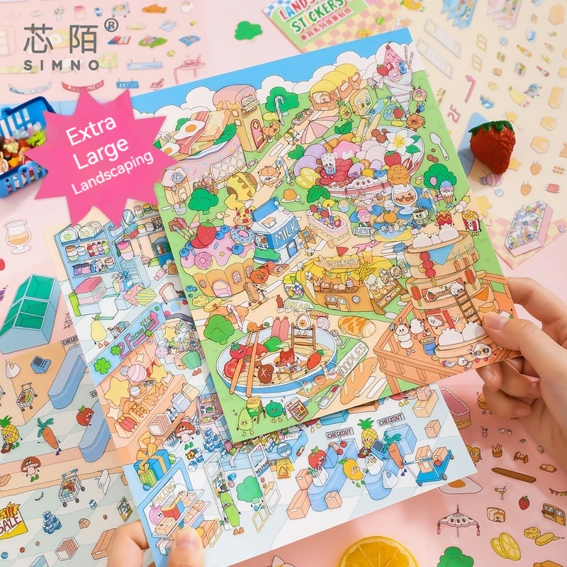 

2pcs Scenes Food Landscape 3d Stickers Album Cartoon Scene Korean Diy Puzzle Sticker Festival Birthday Gift For Kid Girl Child
