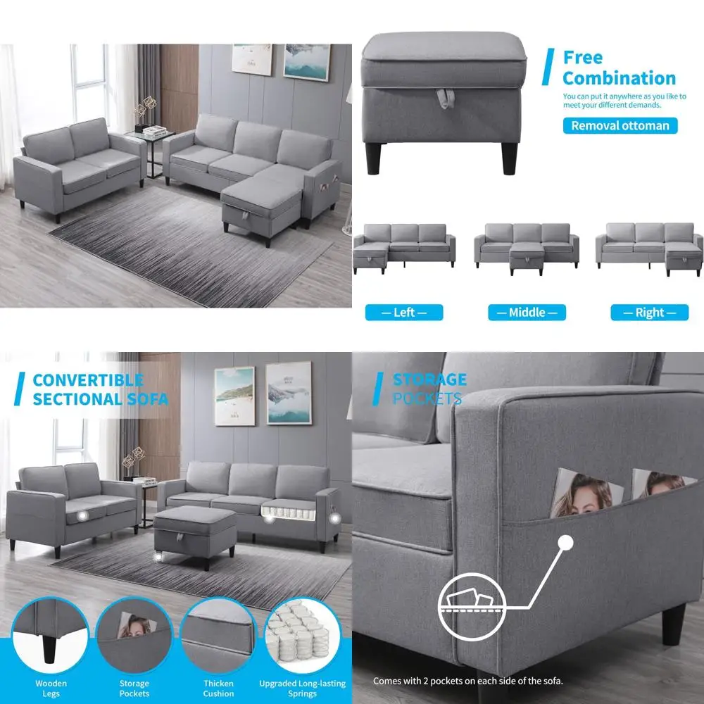 

Convertible 3 Seater Sofa Set with Storage Ottoman and Side Pockets, Living Room Sectional Couch for Comfortable Living