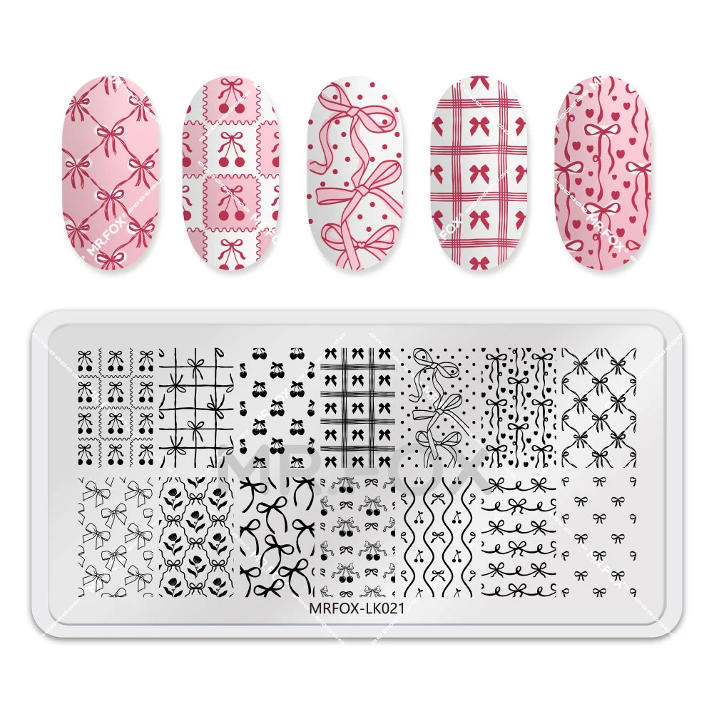 

1 шт. Прямоугольная пластина для стемпинга с бантом и вишневым узором, трафареты из нержавеющей стали для ногтей, инструменты для штамповки, маникюрный шаблон