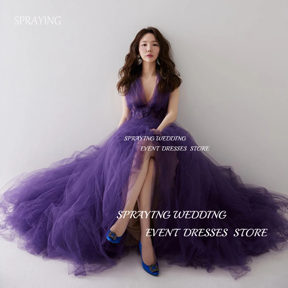 SPRAYING Modern Purple Wedding Dresses Sexy Deep V-neck Evening Prom Dress Tulle Floor-length Spaghetti Straps Photo Dress