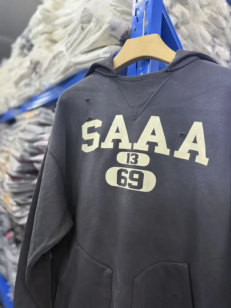 2026FW SAINT x BBJ Co-brand Women Men Thick Sweatshirts Hoodies Hiphop Letter‑print Pocket Distressed Hoodie Pullover