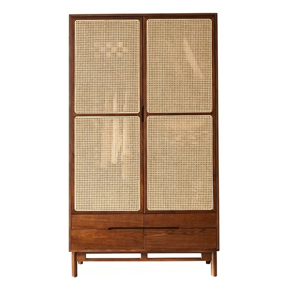 Mid Century Modern Dark Solid Wood Wardrobe with Sliding Door Rattan Handles 4 Drawers Large Capacity Freestanding Closet for