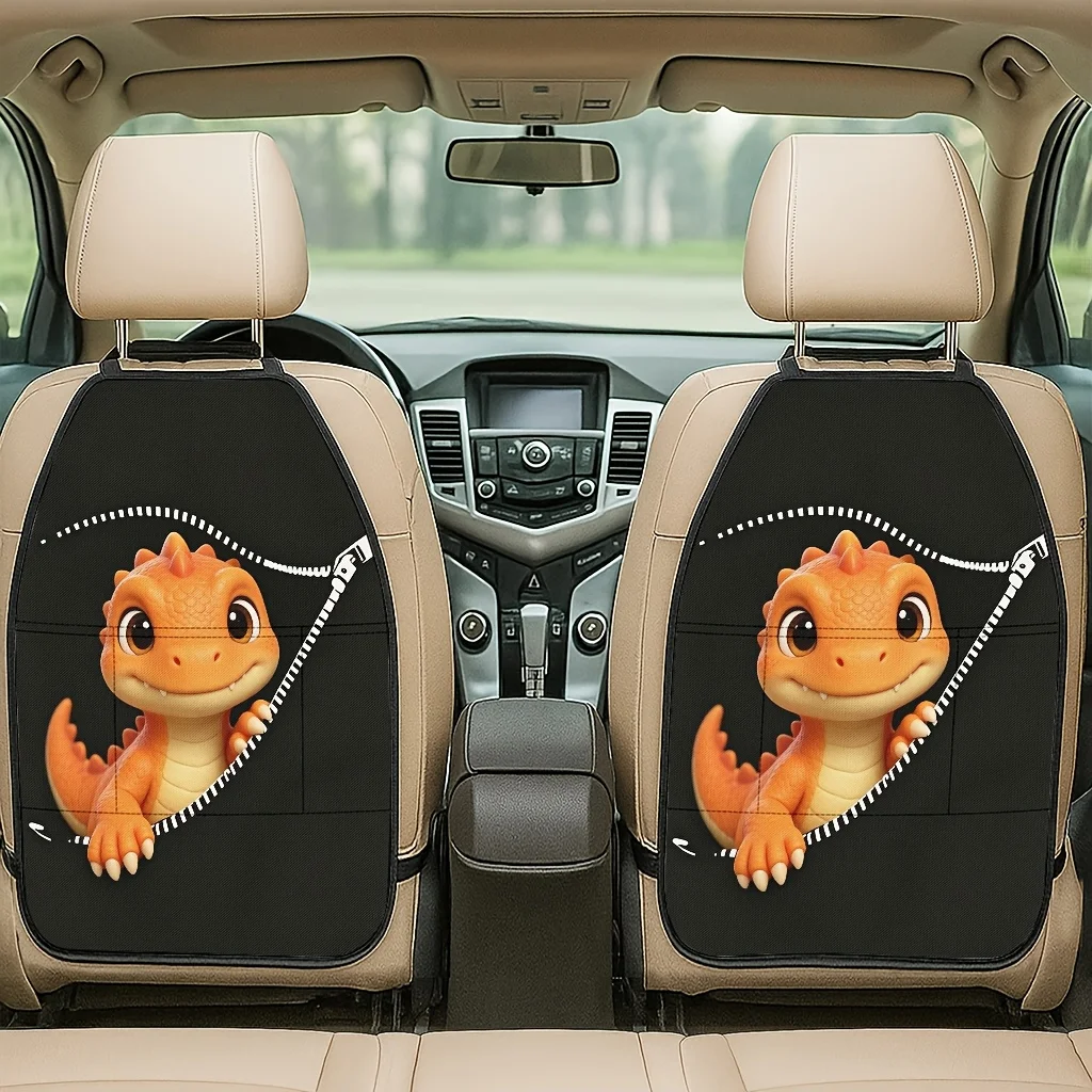 2pcs 2D Printed Car Seat Back Protector - Cute Little Dinosaur Breaking Out Of A Bag Cute Moment Themed Pattern Printed Car Seat