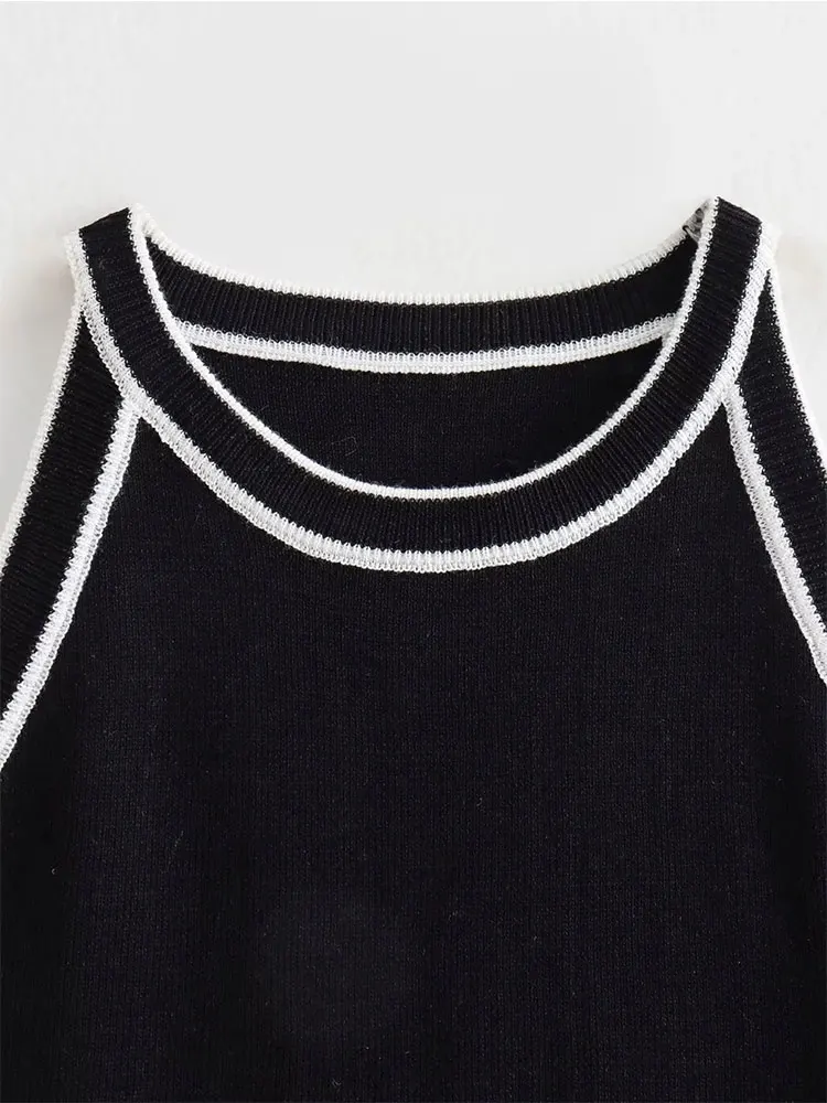 TRAF 2023 Autumn Contrast Knitted High Stretch Women Black Vest Sleeveless Skinny Tanks Female Halter Crop Top Y2K