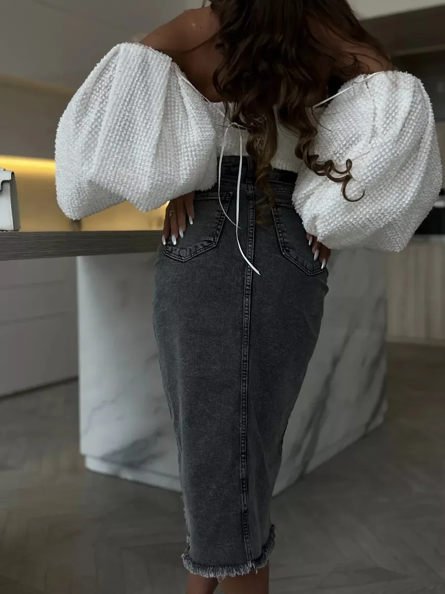 2025 Autumn/Winter Women's High-Waisted Denim Skirt Slim Fitted Pencil Skirt