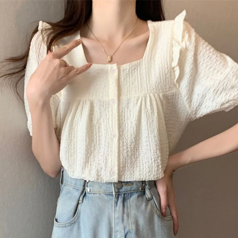 Ruffles Shirts Women S-3XL Puff Sleeve Sweet Solid All-match Ladies Temperament Summer Casual Fashion Ulzzang Korean Style Chic