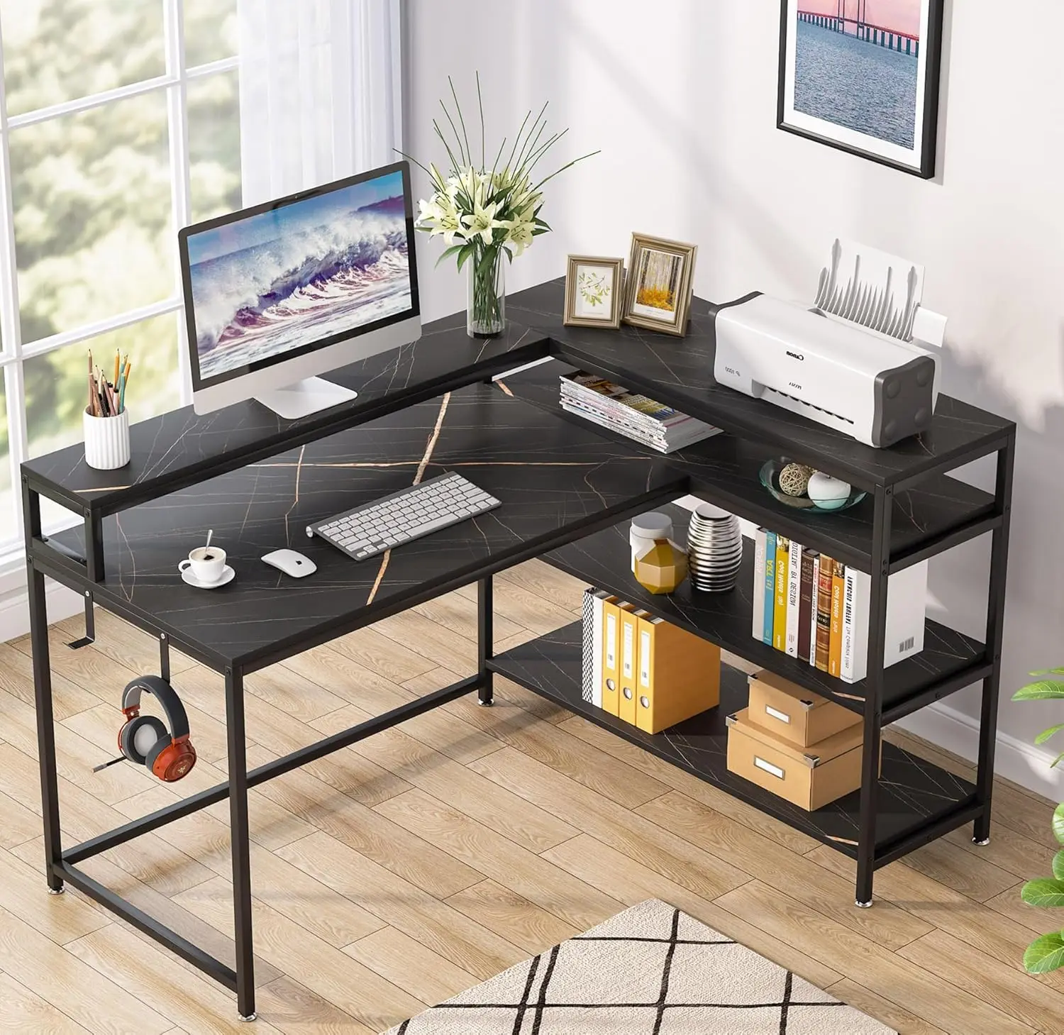 Modern Black Marble Storage Shelf 53 Inch L Shaped Desk With Shelves and Monitor Stand - Tribesigns Corner Desk for Home Office