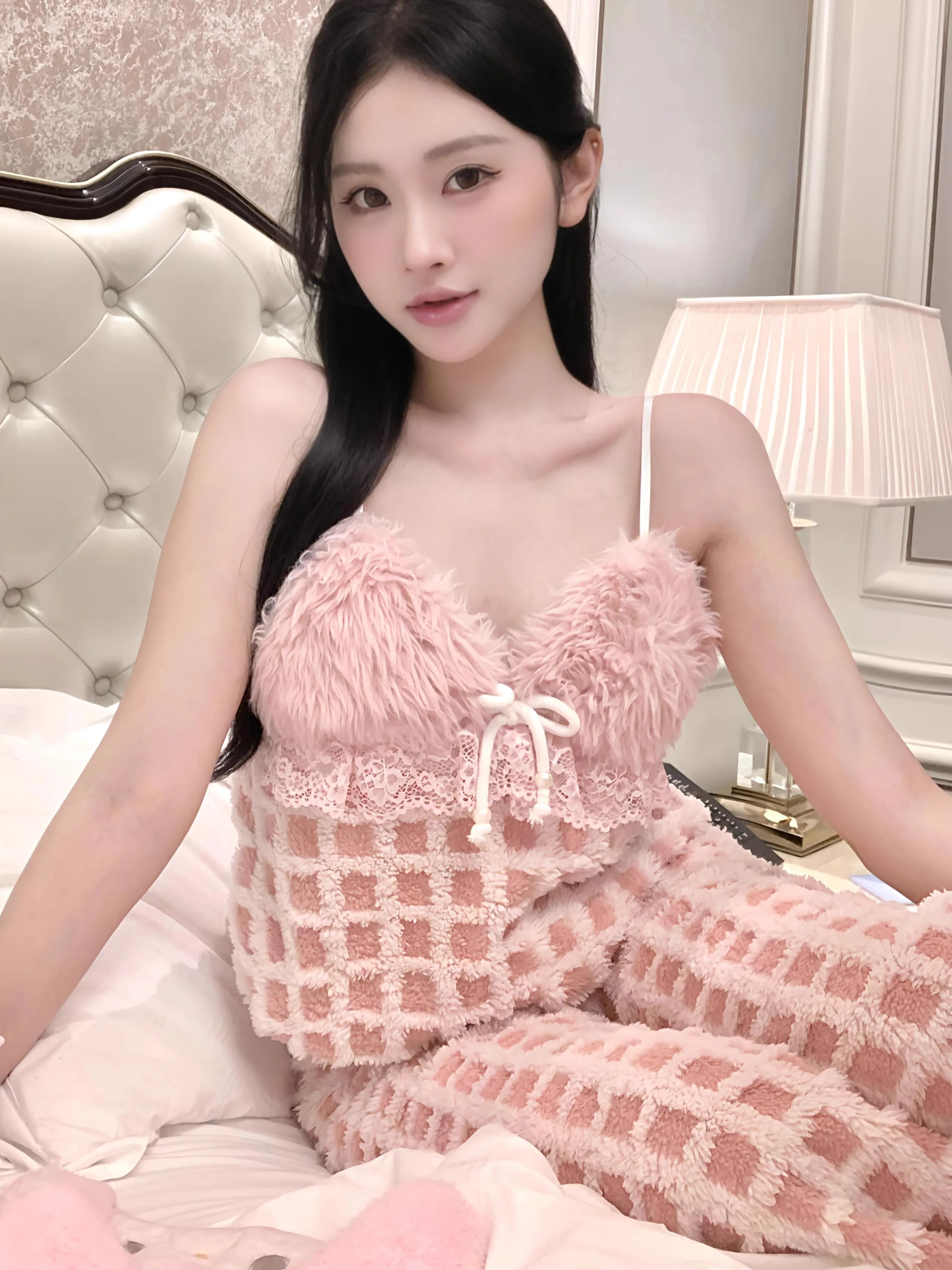 Зимняя корейская милая розовая верхняя одежда из кораллового флиса с меховым воротником, домашняя одежда, высококачественные свободные теплые пижамы для женщин