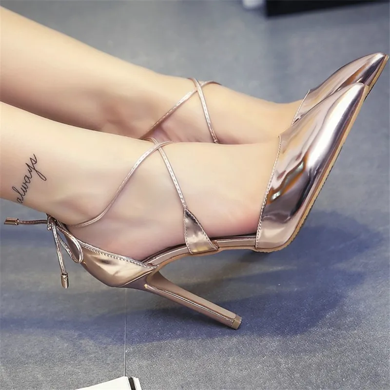 Lacquer Leather Cross Strap Pointed Sexy Women's Wedding Shoes 2023 Spring New Slim High Heels with A Toe Wrap Hollow Sandal