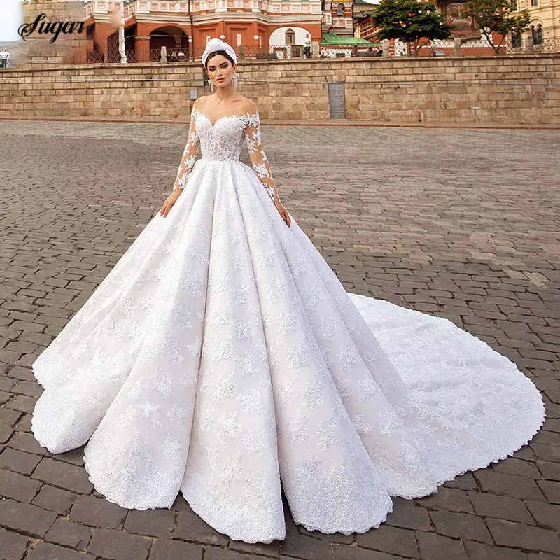 Luxury Wedding Dress Sweetheart A-Line Vintage Ball Gown Long Sleeves Backless Lace Bride Gowns Appliques Uprobes De Mariée