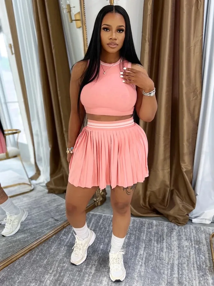 

Leosoxs 2025 Summer Striped Print 2 Piece Set Women Crop Tank Tops and Mini Pleated Skirts Matching Cute Street Beach Tracksuits