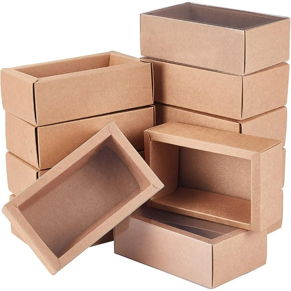 12 Pack 7x5x1.5 Inch Brown Rectangle Drawer Kraft Boxes with PVC Plastic Window for Party Favor Treats Candy and Jewelry Crafts