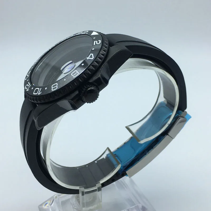 40mm Black case rubber strap  Sliding lock buckle Sapphire For Seiko nh34nh35 nh36nh38 Miyota8215 Movement GMT watch 28.5mm Dial