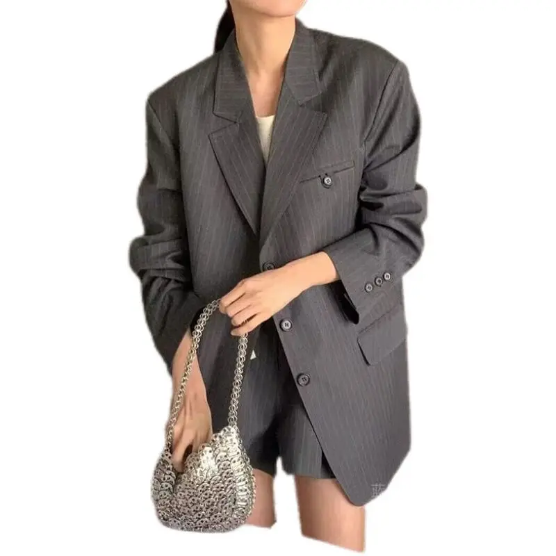 Damen Nadelstreifen-Blazer Übergroß Locker Geschnitten Einreihig mit Taschen Anzugjacke Koreanischer Vintage-Stil Frühling Herbst Büro Casual Oberbekleidung – Detail 6