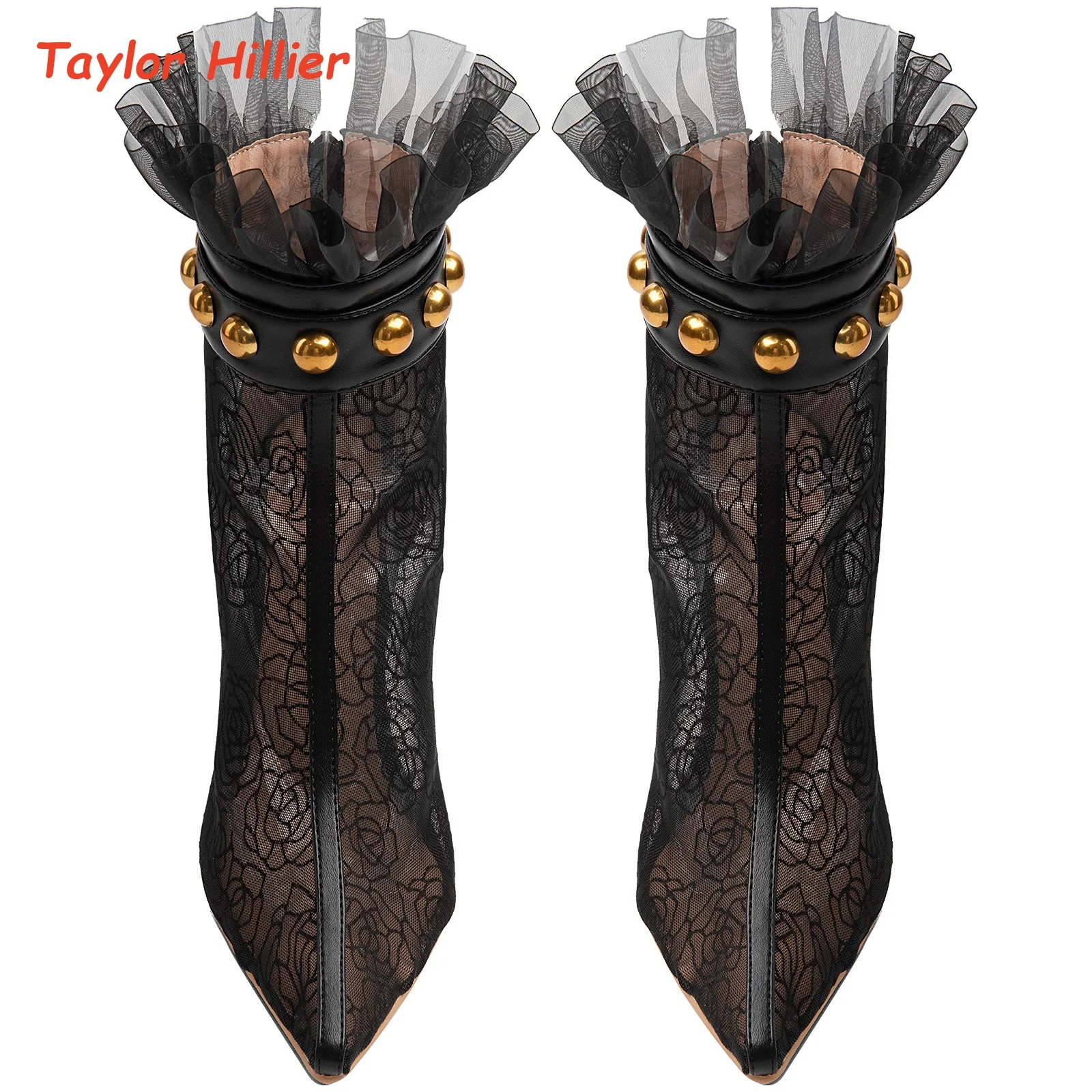Female Floral Lace Mesh Booties Pointed Toe Ruffle Trim Gold Bead Embellishment Thin Metallic Heel Side Zip Evening Ankle Boots