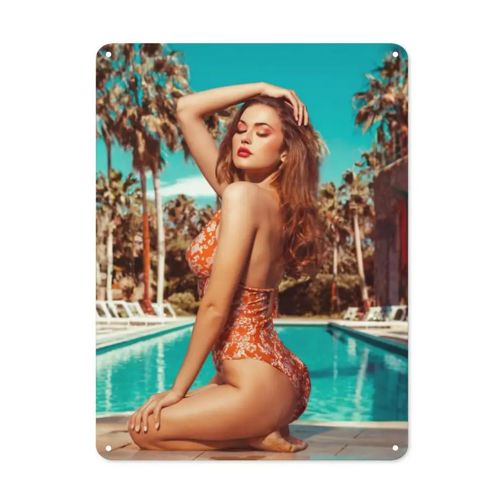 Vintage Metal Pool Girl Sign 8x12 Inch, 1950s Retro Wall Art, Mid-Century Orange Bikini Lady & Palm Tree Pool Scene, Durable Alu