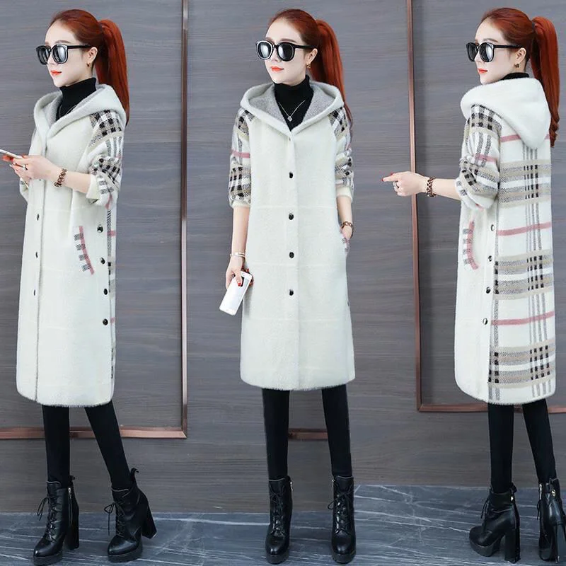 Socialite Women Imitation Mink Fleece Hooded Jacket 2022 New Winter Female Leisure Long Korean Style Loose Pocket Stitching Coat