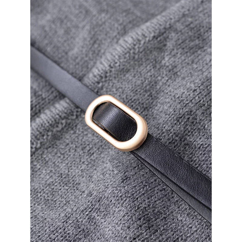 เสื้อคาร์ดิแกนถักแบบมีเข็มขัดสำหรับผู้หญิง แขนยาว คอวี สีเทา สำหรับฤดูใบไม้ผลิและฤดูใบไม้ร่วง