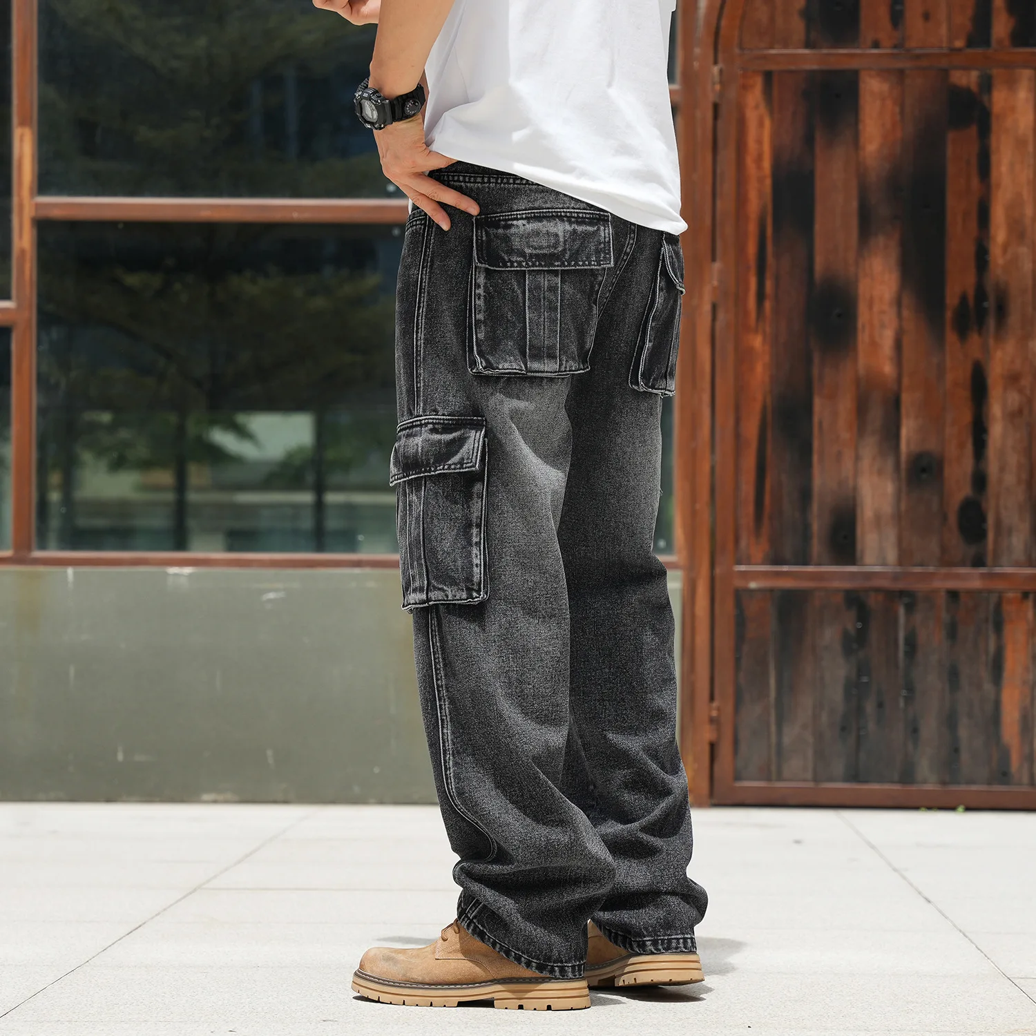 European American Vintage New Fashion Men's Multi Pockets Casual Trendy Loose Wide Leg Straight Denim Trousers Male Jeans Pants