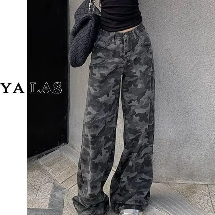 

American Retro Camouflage Workwear Jeans Women's Summer New High Waist Slim Loose Straight Leg Wide Leg Pants Casual Cotton P...