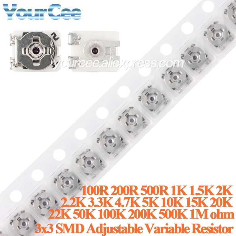 100pcs/10pcs 3x3 SMD Adjustable Variable Resistor Trimmer Resistance Potentiometer 100R 200R 1K 2K 5K 10K 20K 100K 200K 500K 1M