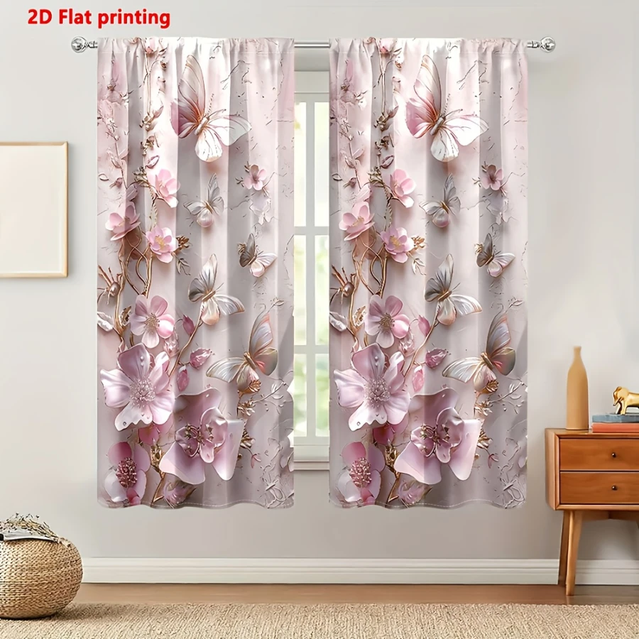 2PCS Digital Printed Curtains, Pink Pearl Butterfly Flower 3D Stereo Pattern, Romantic Elegant Girly Style Apartment Decoration