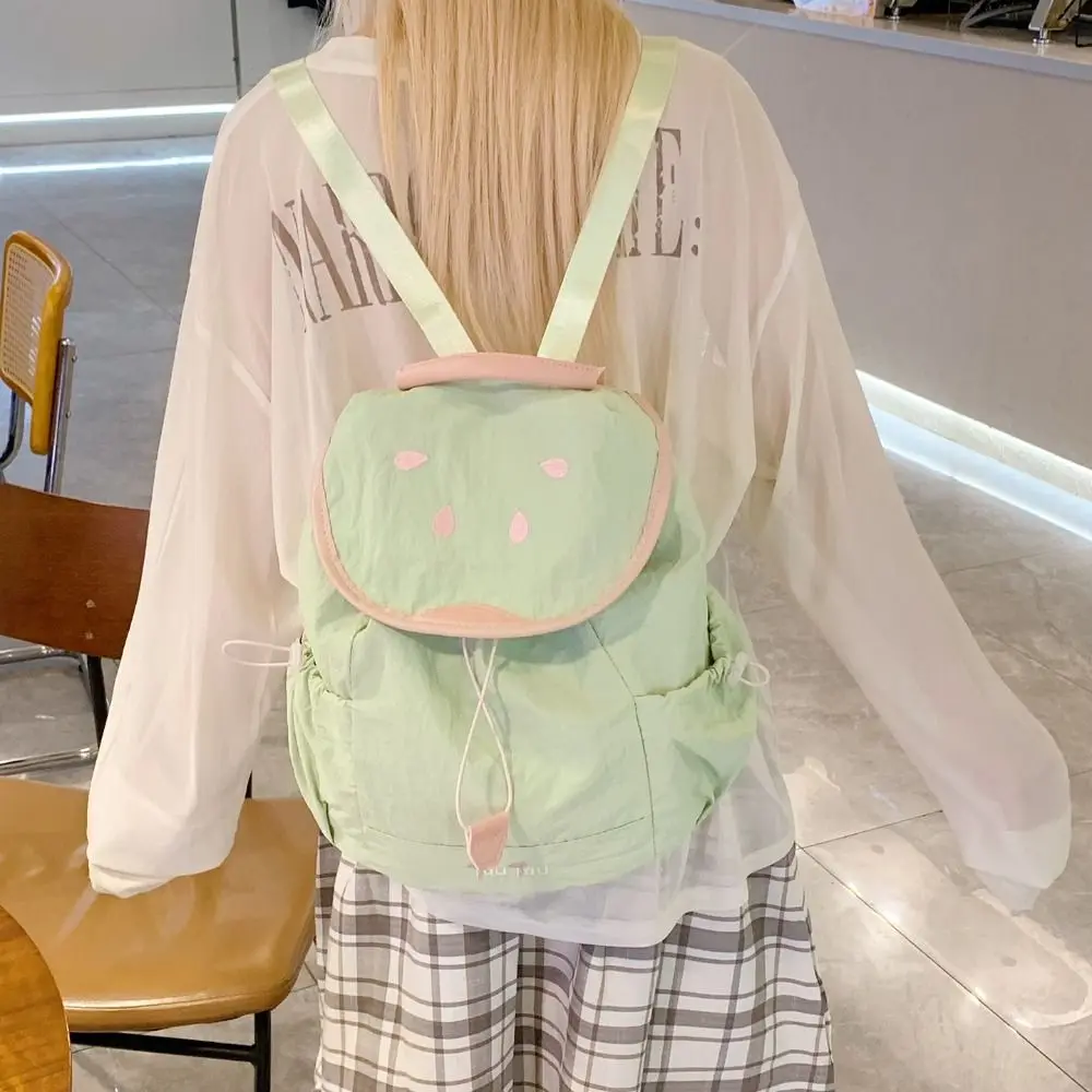 Dopamine Color Strawberry Drawstring Backpack Travel Korean Style Fruit Nylon Backpack Book Bag Commute Hiking Shoulder Bag