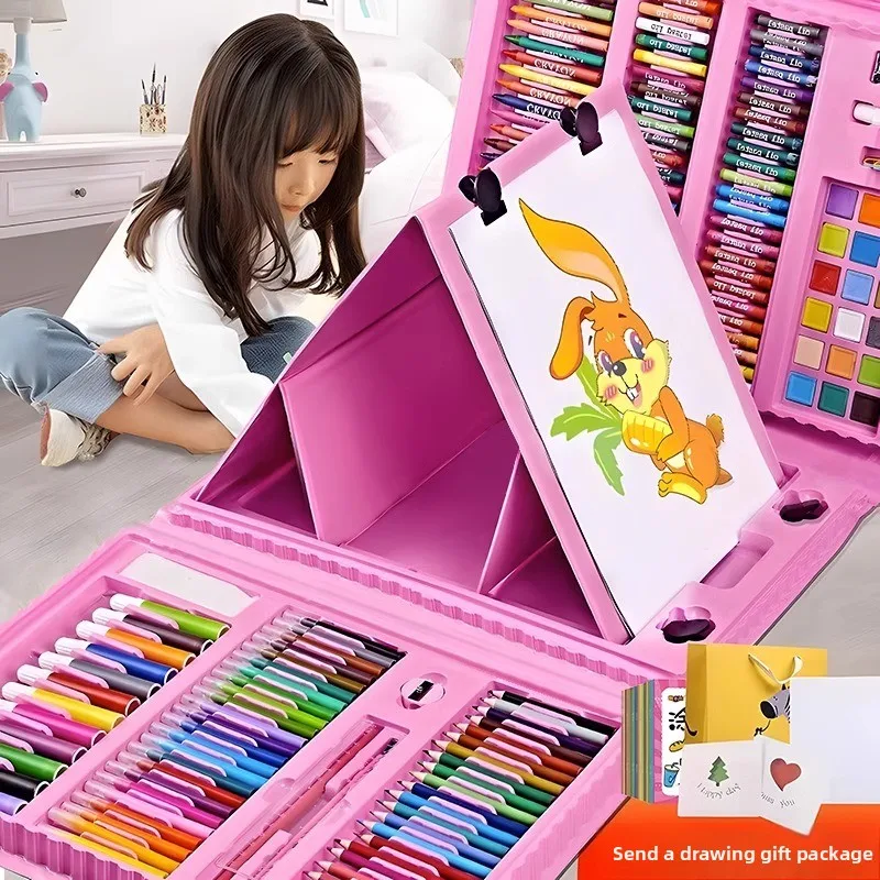 208 Piece Kids Watercolor Pen Drawing Set with Gift Bag, Apron and Drawing Books, All in One Children Art Kit for Home