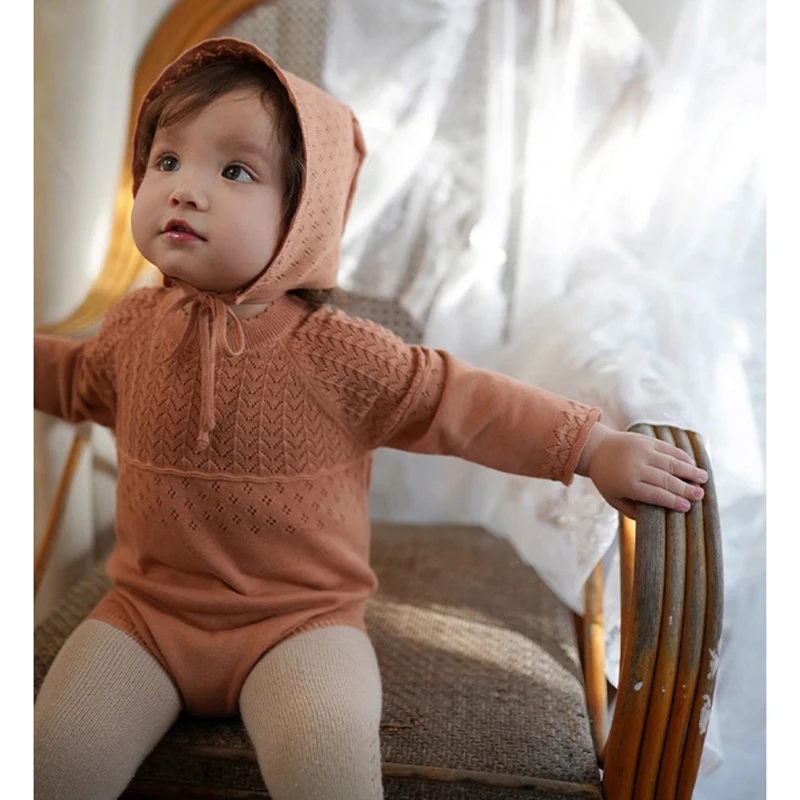 

Осенние детские боди, однотонные вязаные комбинезоны с длинными рукавами для новорожденных мальчиков и девочек, шапки, наряды для детей 0-24 месяцев, нейтральные костюмы, комбинезон