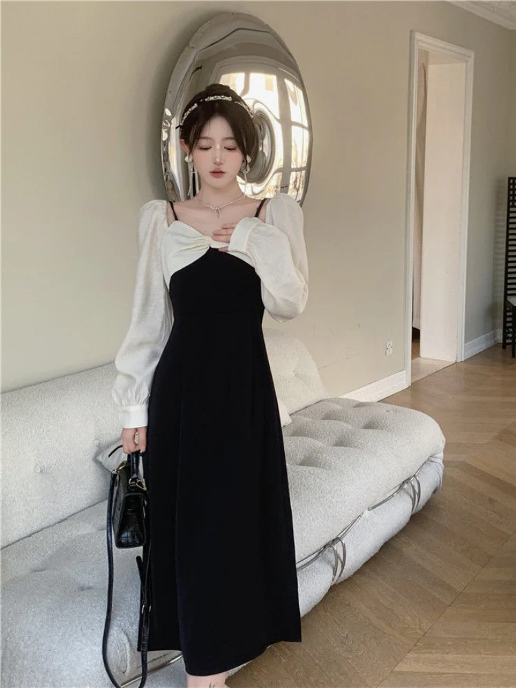 เดรสยาวแขนยาวสไตล์เกาหลีสำหรับผู้หญิง  งานปาร์ตี้  ทรงเข้ารูป  งานพรอม  แฟชั่นฤดูใบไม้ผลิ ฤดูใบไม้ร่วง 2025  สไตล์ Y2k ชุดเดรสแบบชิ้นเดียวสำหรับผู้หญิง