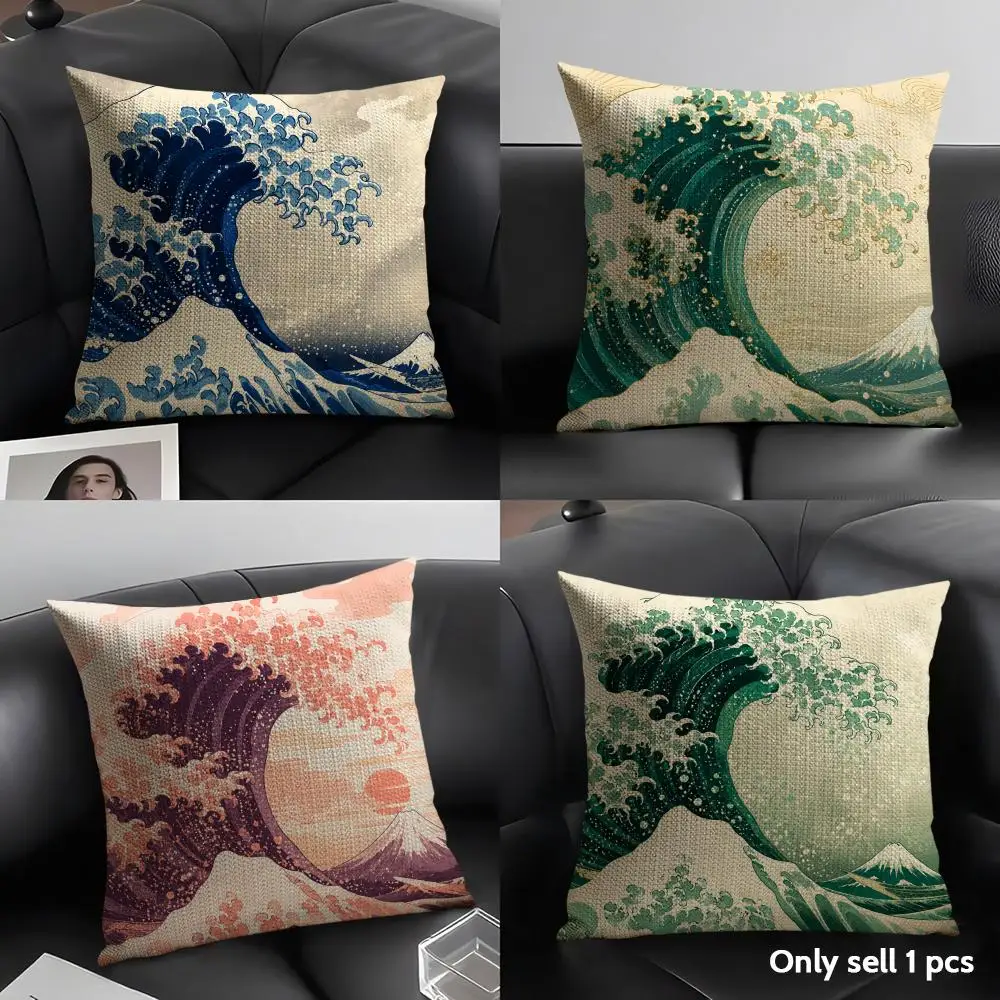 The Great Wave off Kanagawa Cushion Cover Breathable Linen Organic Fabric Double-Sided Printing Sofa Pillow Case Home Decor