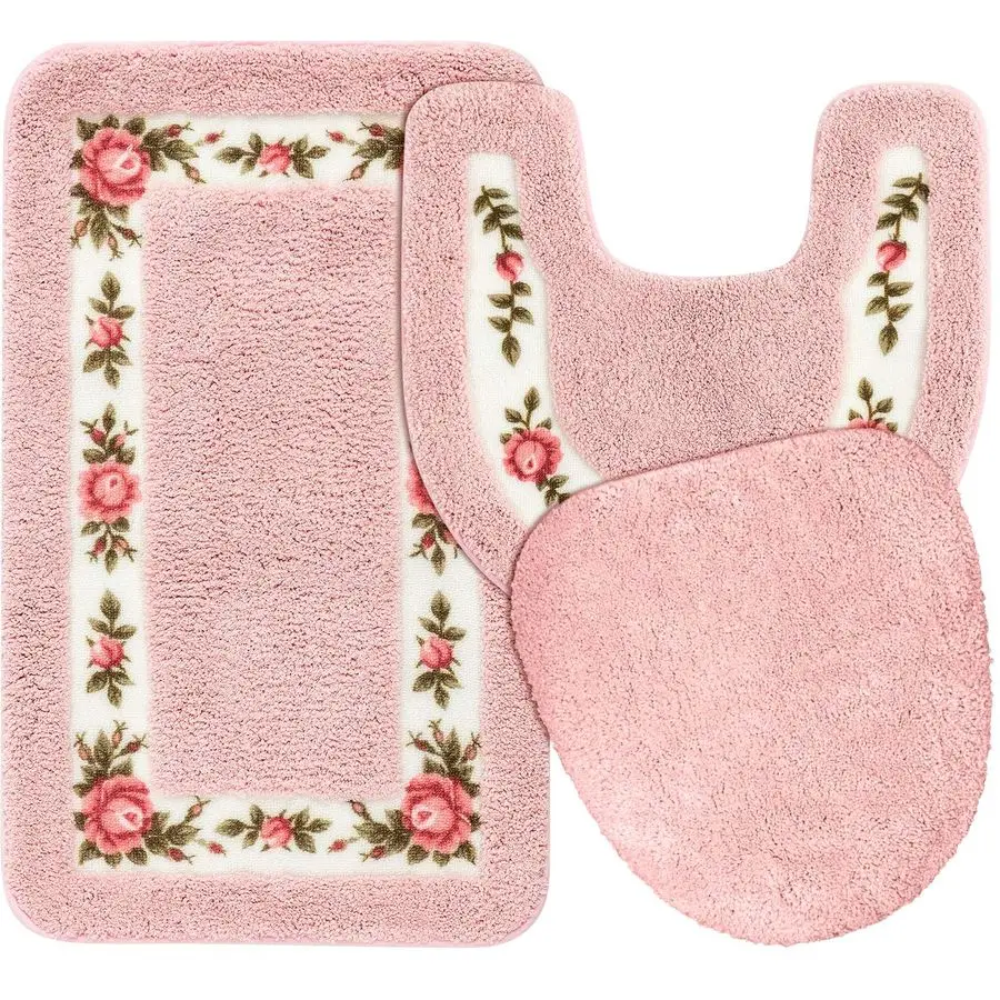 

Pcs Rose Flowers Bathroom Rugs Set Coquette Room Decor Floral Bath Mat U Shaped Toilet Rug Non Slip Absorbent Floral Bath Carpet