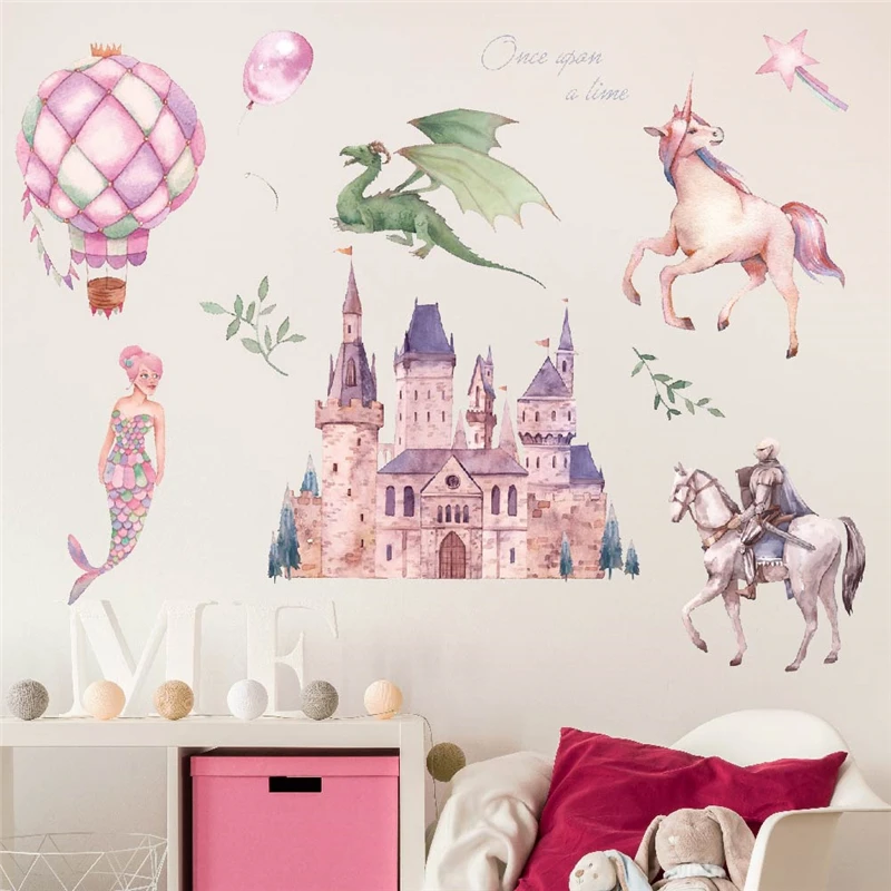 Fantastic Castle Princess Balloon Unicorn Wall Stickers For Kids Room Home Decoration Cartoon Mural Art Pvc Decals Gilrs Posters