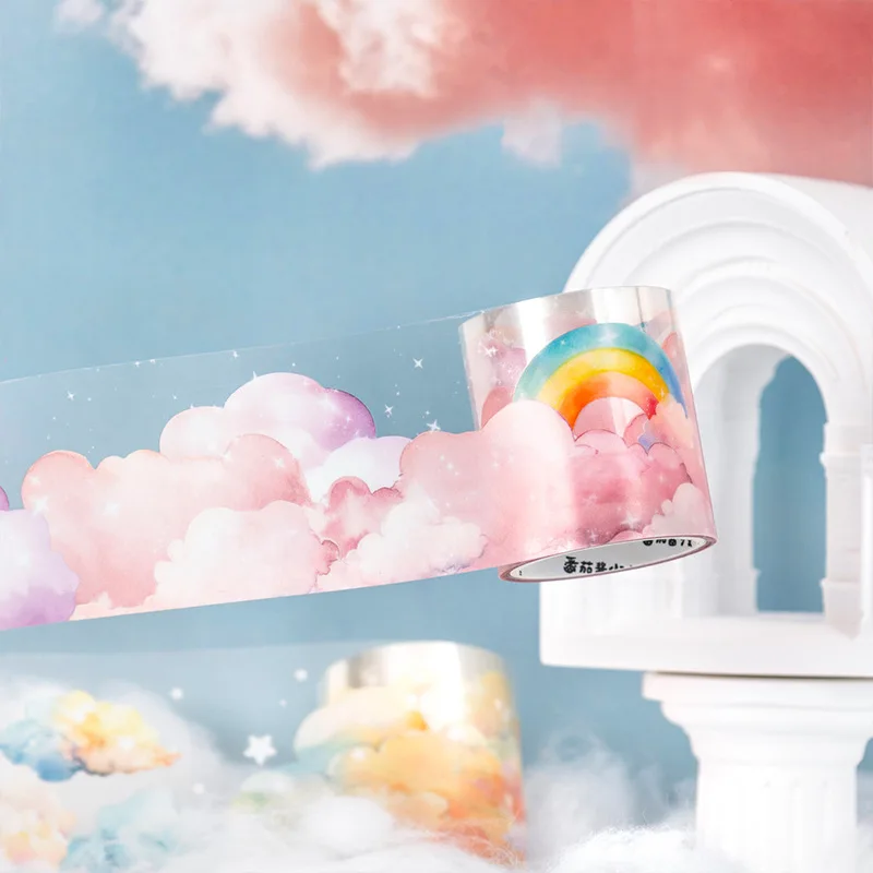 1 Roll 4.5x200cm Colorful Cloud Theme Tape Stickers, Soft Pastel Cloud Patterns, Self-Adhesive for Journal DIY & Scrapbook Deco