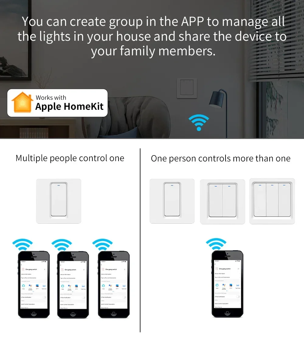 Smart Home Apple Homekit Smart WiFi Push Button Wall Switches 1/2/3Gang LED Room Lights for iphones Works with Siri Voice