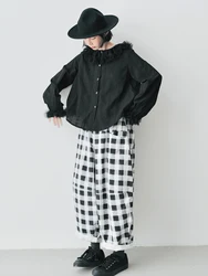 IMAKOKONI original design elastic waistband plaid loose wide leg pants for women 244794