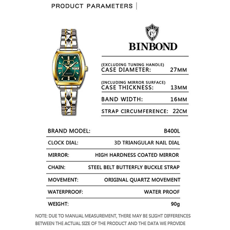 Binbond novo estilo tonneau diamante dial relógio feminino de aço inoxidável à prova dwaterproof água luminosa luxo quartzo senhora relógio relogio feminino