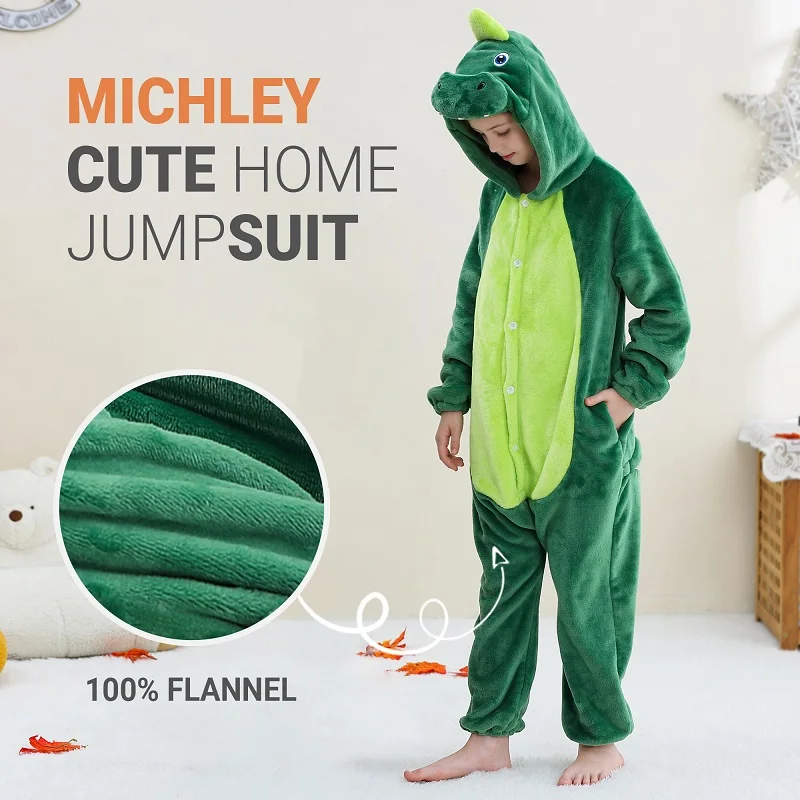 MICHLEY Dinosaur Flannel Pajamas Child Sleepwear Jumpsuit Onesies Animal Cartoon Clothes Winter Halloween For Boys Girls Family