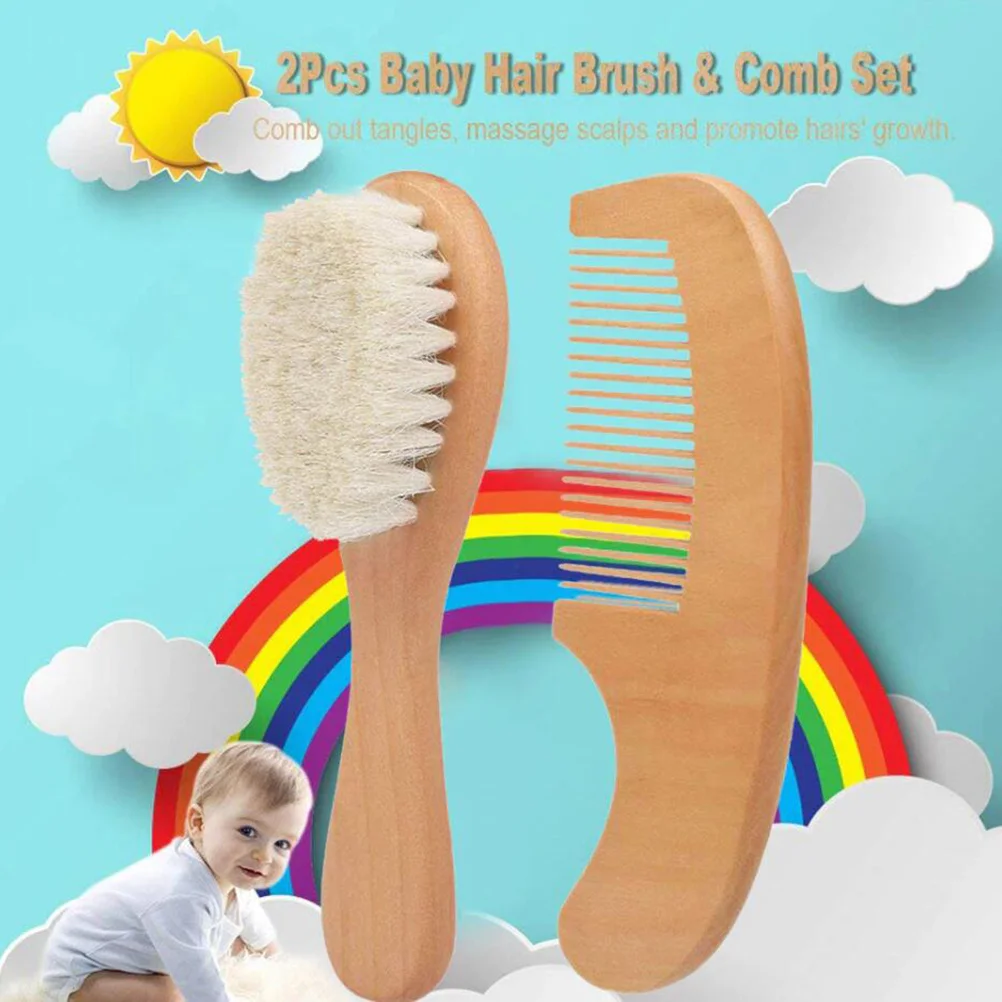 

2Pcs Baby Comb and Brush Set Wooden Hair Comb Bath Brush Gentle on Skin Detangle Hair Stimulate Scalp Increase Circulation