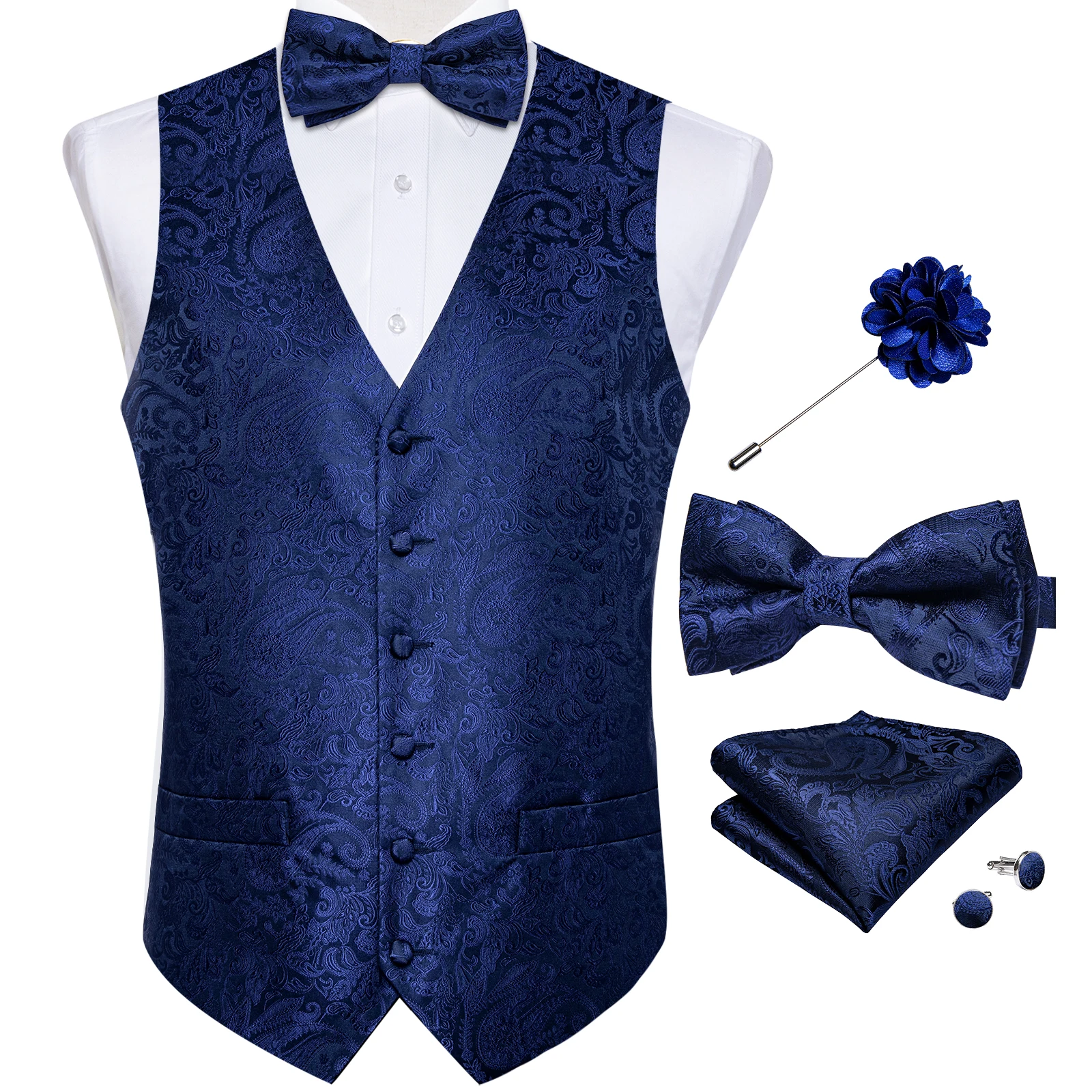 Royal Blue Paisley Silk Men\'s Suit Vest Wedding Party Tuxedo Slim Fit Waistcoat Bow Tie Set Fashion Gilet Homme Men Clothing