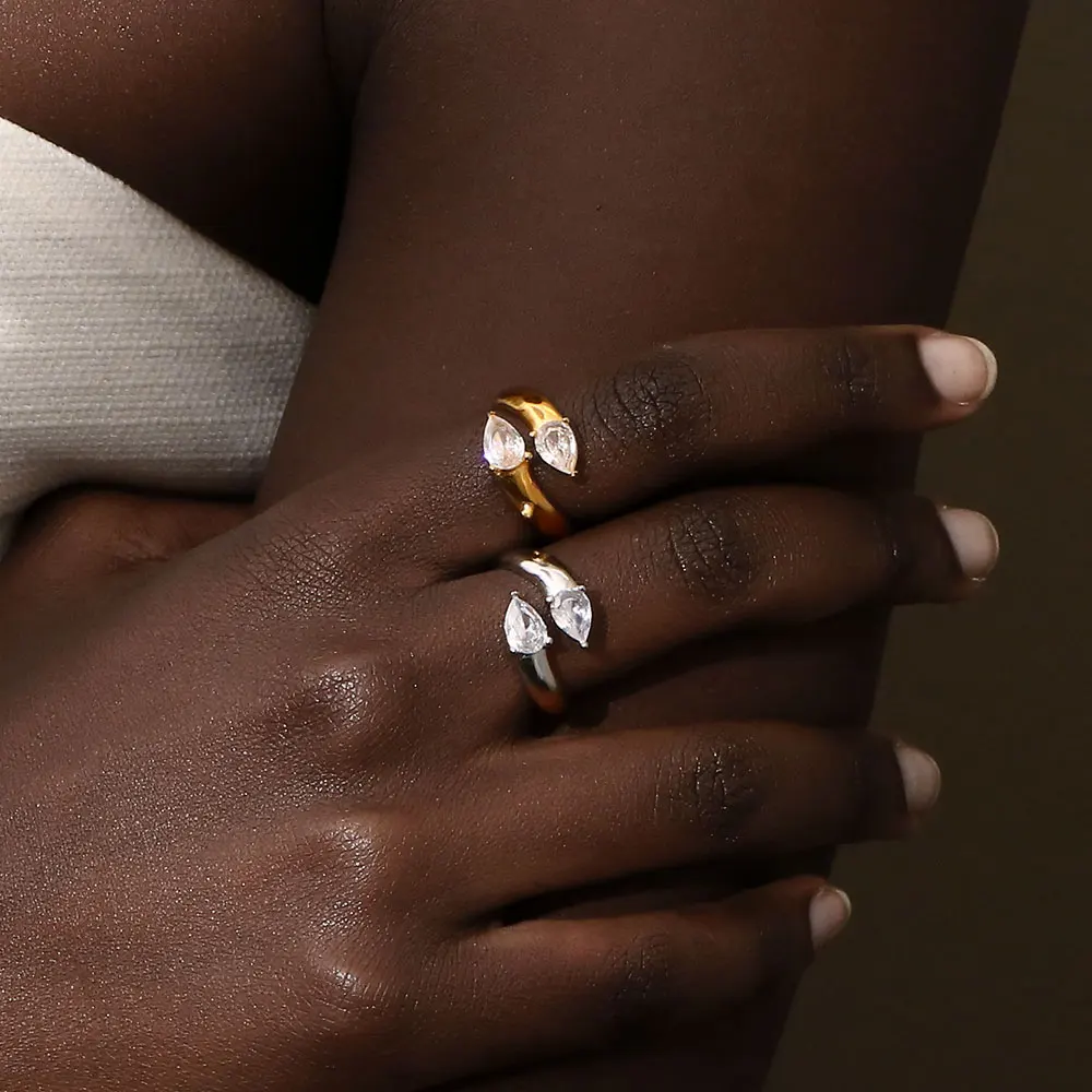 E.B.belle 18K Gold Plated Double-Headed Waterdrop Shiny Zircon Ring Minimalist 316L Stainless Steel Women Finger Jewelry