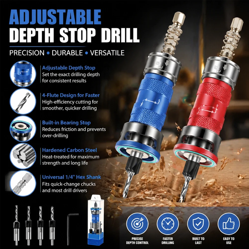 Countersink Drill Bit with Adjustable Stop 4 Flute 1/4 Hex Shank Woodworking Pilot Hole Set for MDF Plywood Cabinet Shelf Assemb