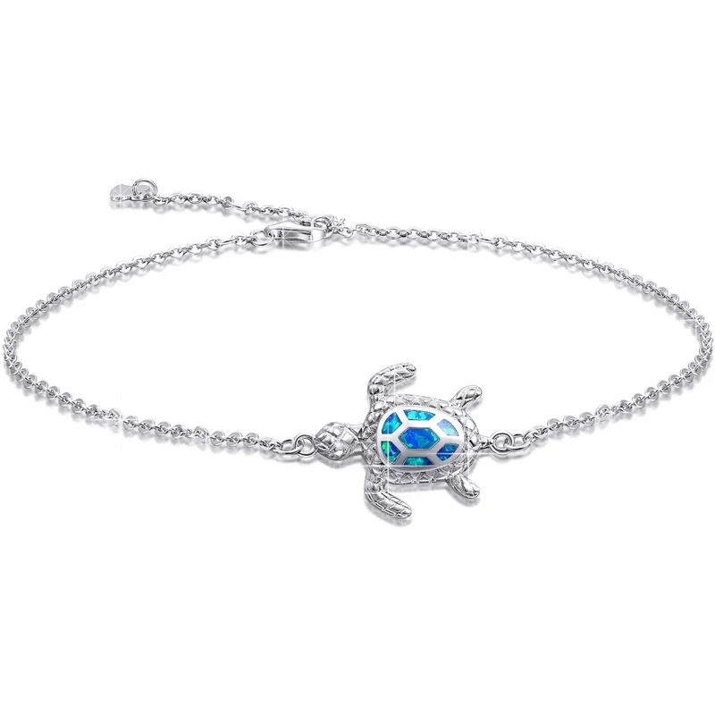 Blue Opal Sea Turtle Ankle Sterling Silver Anklet Fine Jewelry Gifts for Women Gifts 4 Level Adjustable Anklet (Large Bracelet)