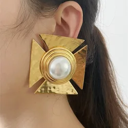 Europe and America Exaggerated Cross Large Pearl Earrings for Women Vintage Geometry Heavy Metal Trend Jewelry Gifts