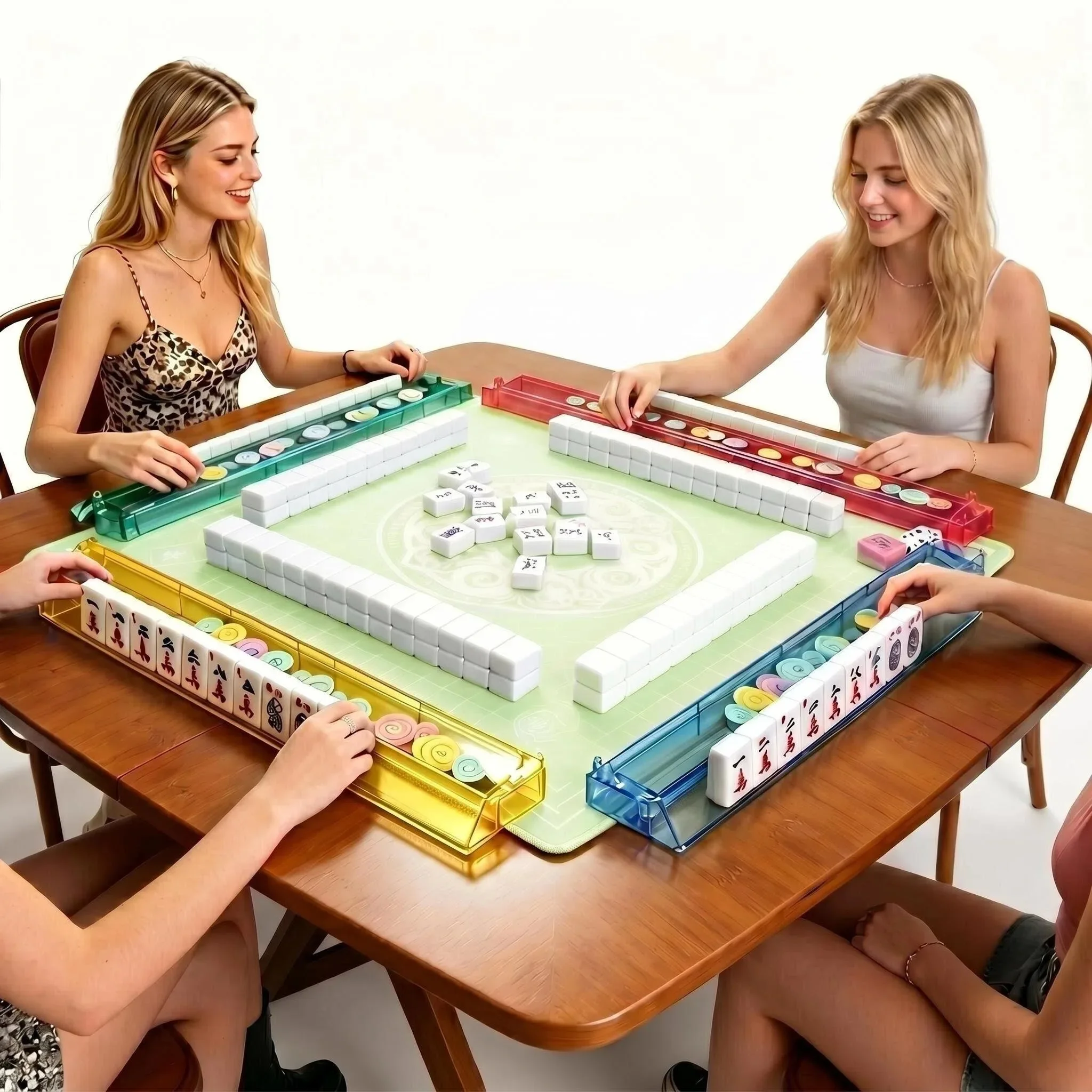 166 Tiles American Mahjong Game Tiles with Carrying Bag & Soundproofing Mat, 4 All-in-One Rack/Pushers, Engraved Mini Tiles Set