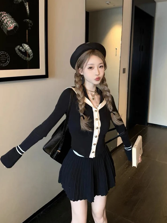 

Naval Style Knitted Sweater Asymmetrical Long Sleeve Women's Fashion Autumn Design Age Reduction Pleated Skirt Set