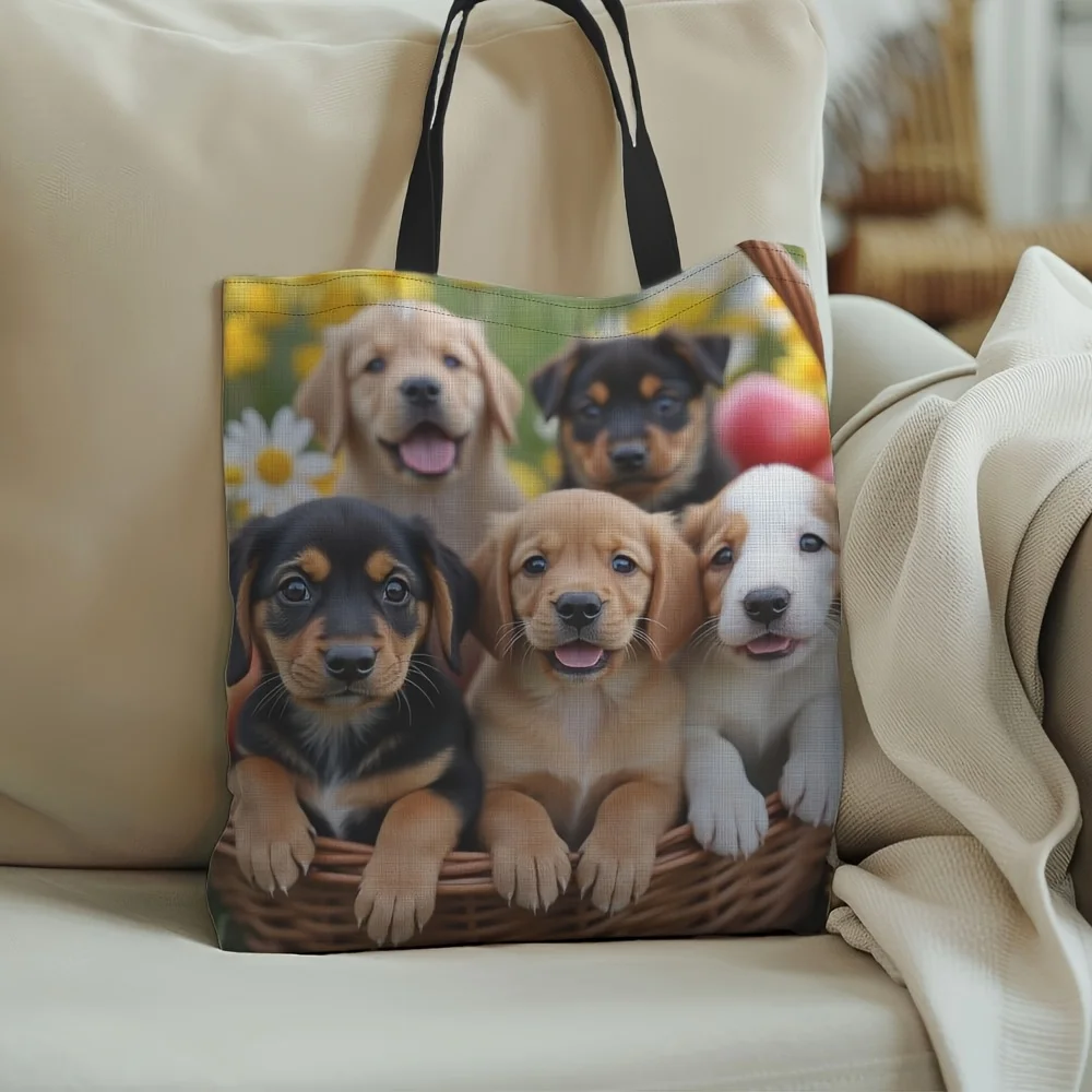 1 Pc Large Capacity Tote Bag With Cute Puppies Print Bags For Daily Use Grocery Shopping Travel For Dog Owners Shoulder Bag