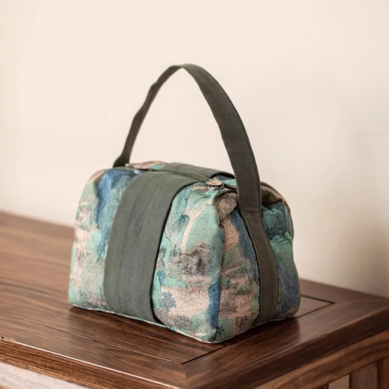 Qiaolin Fabric Tea Set Storage Bag Outdoor Travel Portable Tea Bag Teapot Tacup Cover Bowl Large Capacity Handheld Storage Bag