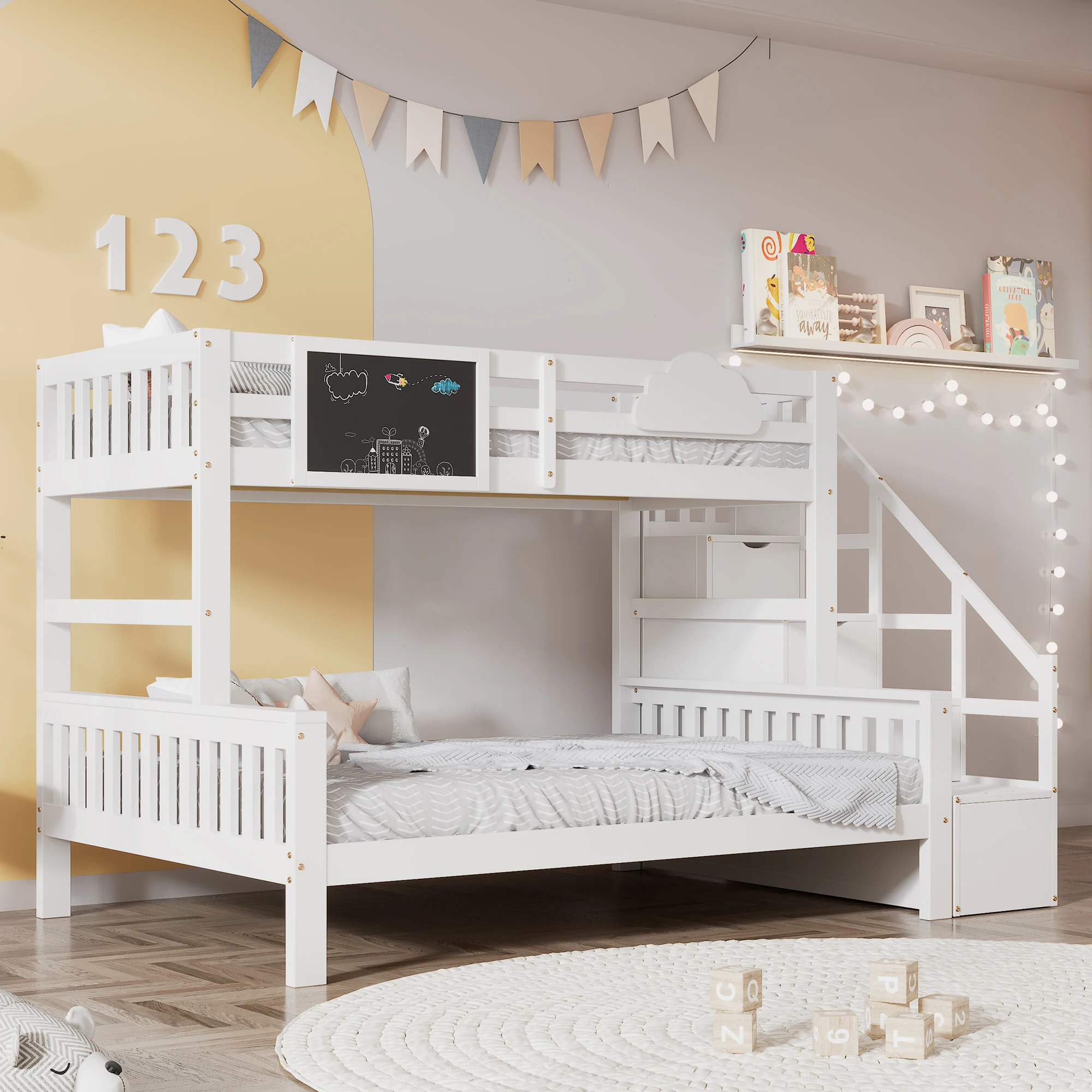 Bunk Bed with Stairs and Trundle with Small Blackboard Cloud Element Design Multiple Storage Compartments 90x190cm+135x190cm