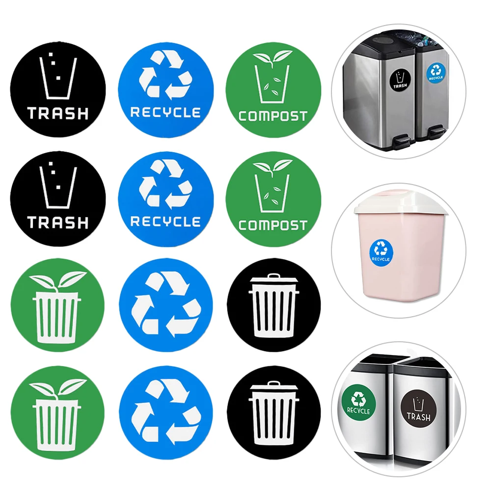 

12Pcs Flat Surface Adhesive Trash Recycling Stickers Bins Garbage Sorting Decals Waste Container Labels Recycling Bin Stickers